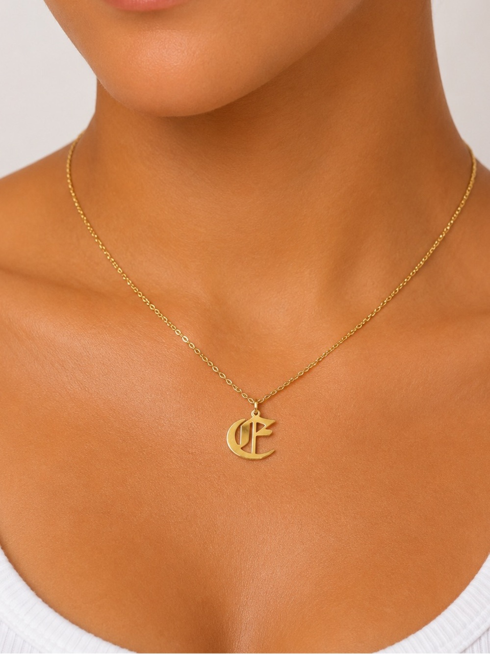 Letter E - Gold Old English Initial Necklace​